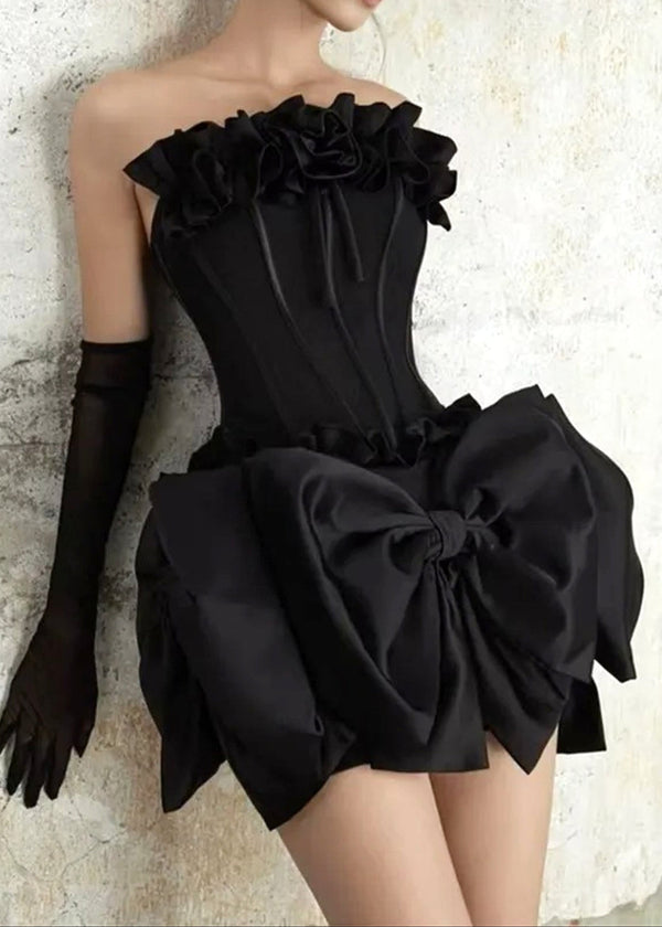 Cyrren Strapless Floral Bow Corset Two Piece Dress In Black