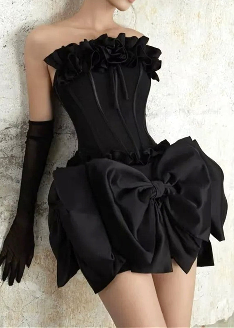 Cyrren Strapless Floral Bow Corset Two Piece Dress In Black