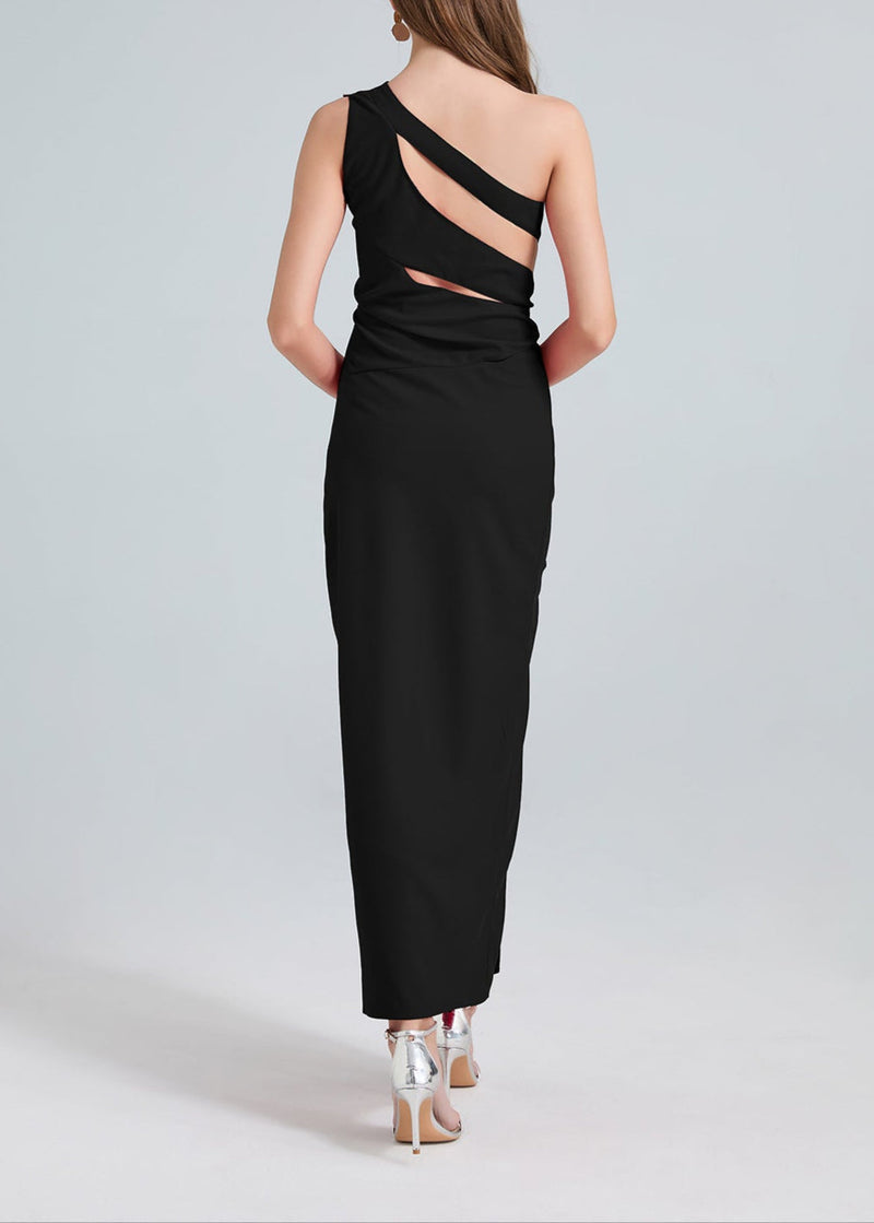 Nebraska One-Shoulder Cutout Side Slit Maxi Dress In Black