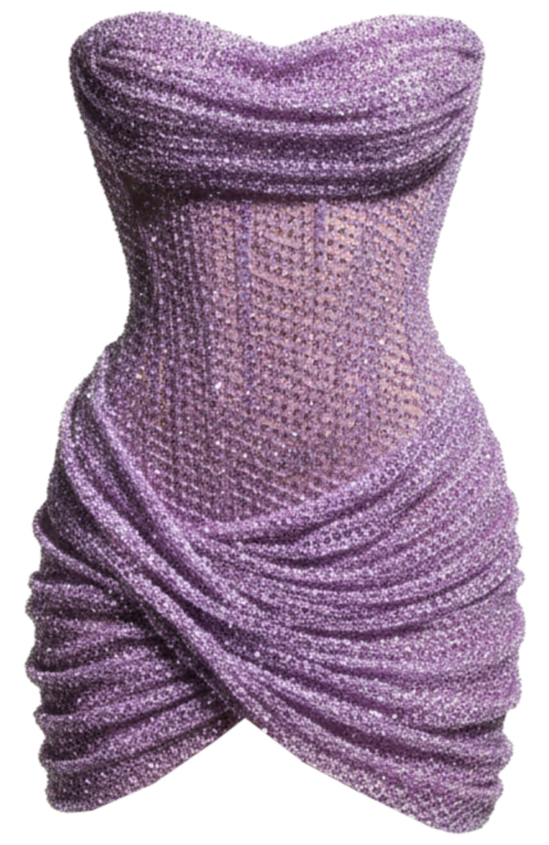 Glacian Strapless Draped Sparkly Mini Dress In Purple