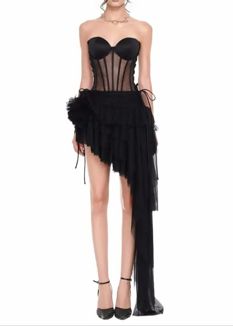 Olthrion Strapless Corset Ruffle Two Piece Dress In Black