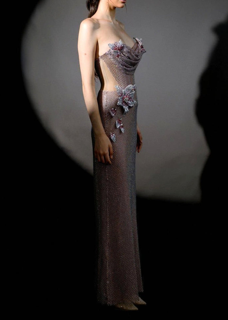 Nazra Strapless Floral Sparkly Maxi Dress In Pink