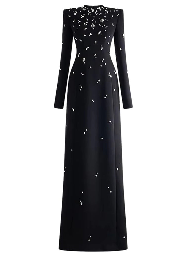 Bethel Long Sleeve Crystal A Line Maxi Dress In Black
