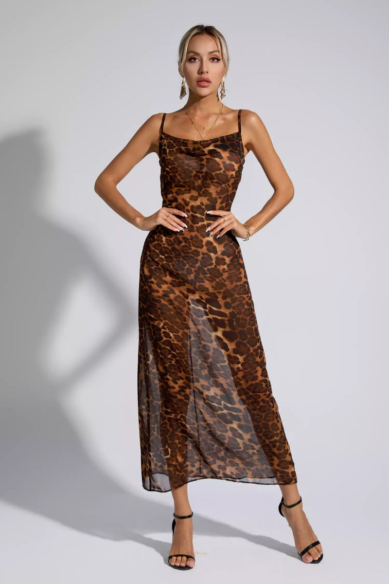 Brona Leopard Print Spaghetti Maxi Dress