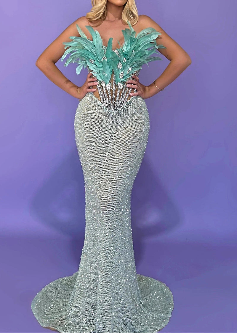 Brynthia Strapless Feather Corset Sequin Maxi Dress In Green