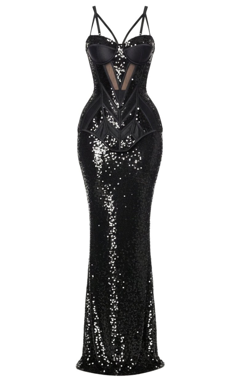 Limon Floral Sequin Bustier Maxi Dress In Black