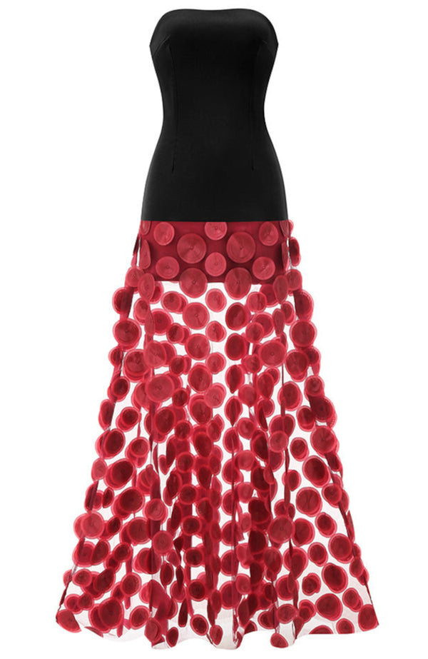 Benicio Strapless A Line Maxi Dress In Black Burgundy