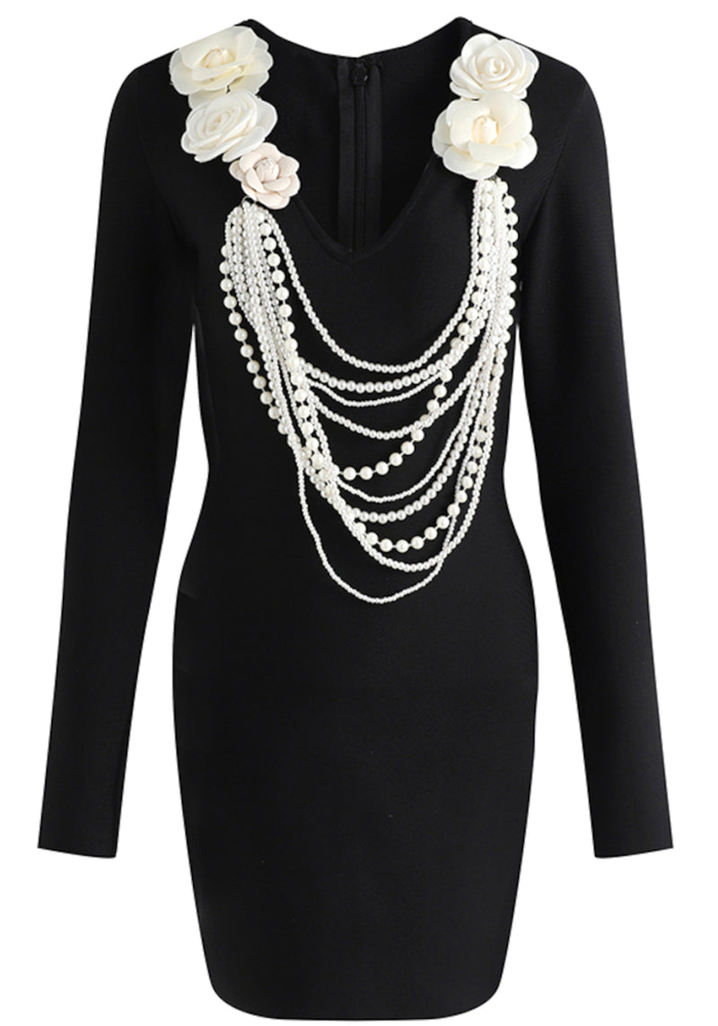 Zorvyn Long Sleeve Floral Pearl Mini Dress In Black