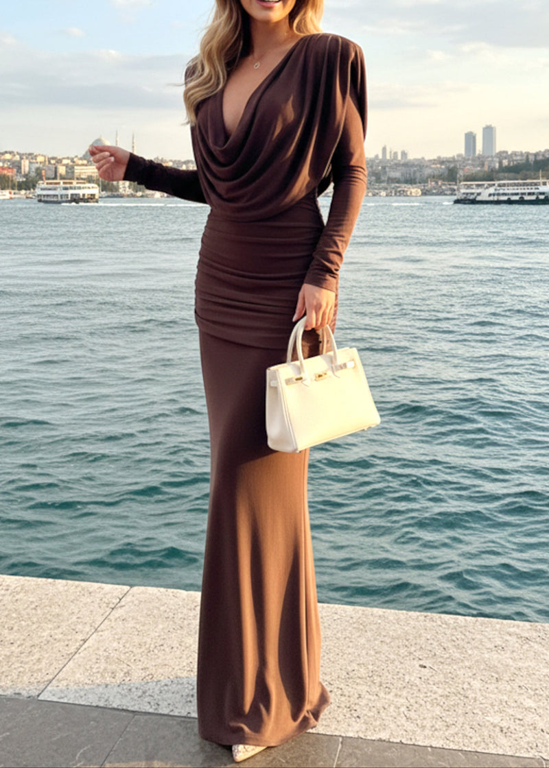 Sagebrush Long Sleeve Draped Backless Maxi Dress In Brown