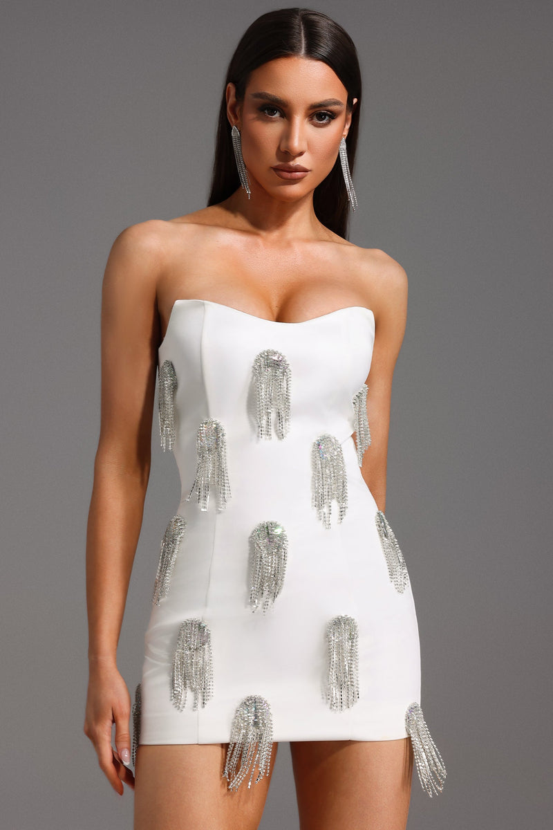 Wrythas Sleeveless Diamond Tassels Mini Dress In White