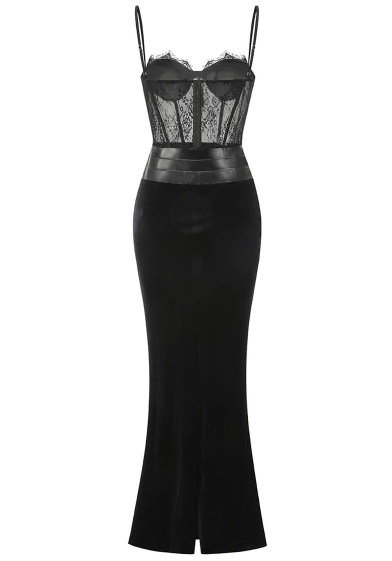 Mariela Lace Corset Maxi Velvet Dress In Black
