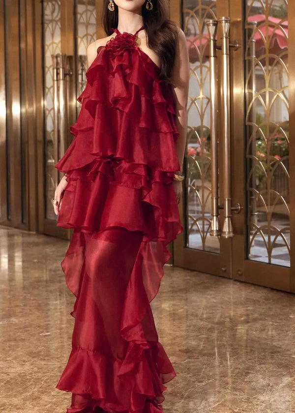 Brysalis Halter Floral Ruffle Maxi Dress In Red