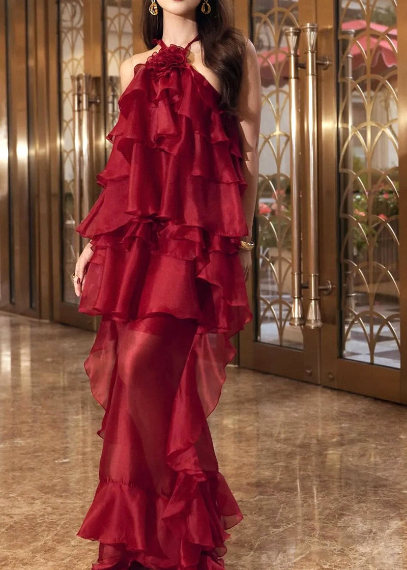 Brysalis Halter Floral Ruffle Maxi Dress In Red