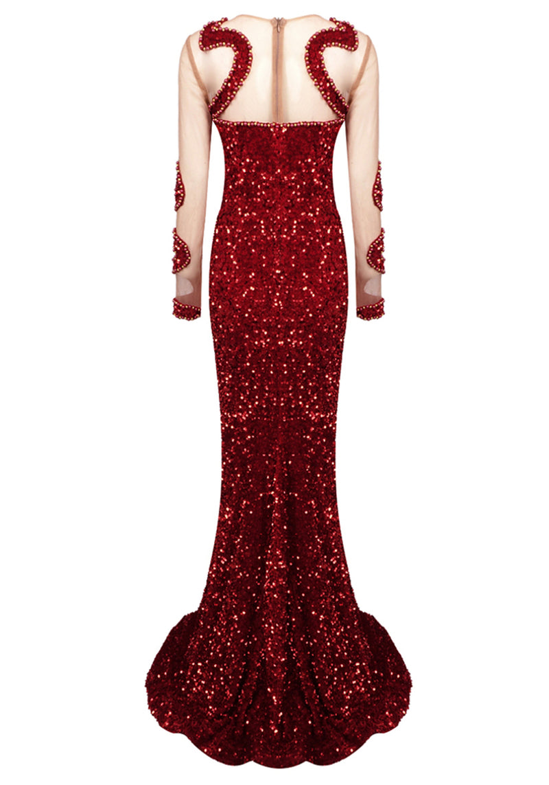 Orsolya Long Sleeve Sequin Mermaid Maxi Dress In Red