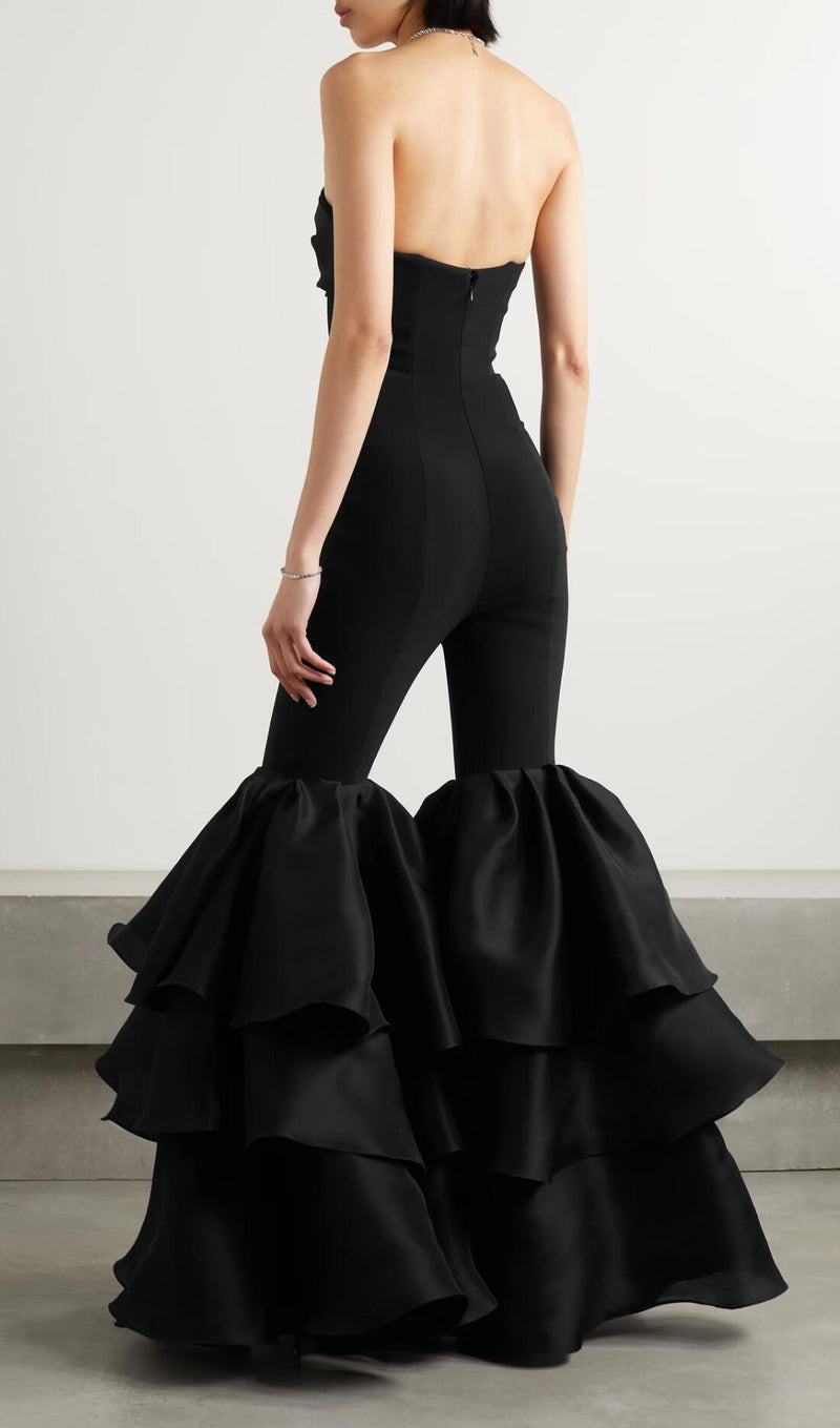 Orelia Strapless Jumpsuit With Tiered Ruffle Hem In Black