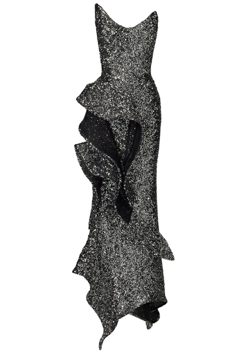 Janaki Strapless Sequin Ruffle Maxi Dress In Silver