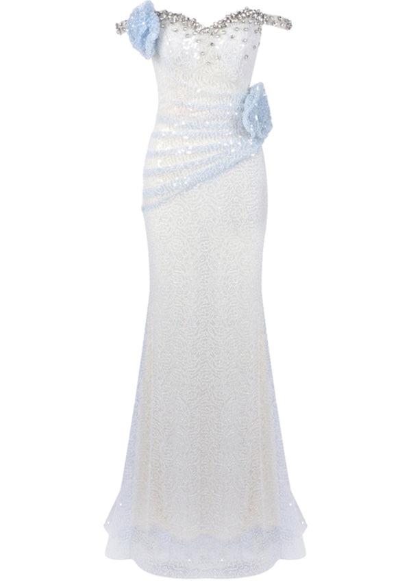 Daxara Crystal Floral Sequin Maxi Dress In Light Blue
