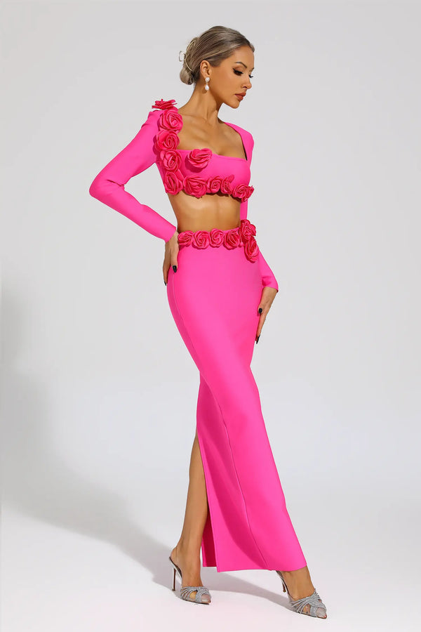 Dellis Flower Bandage Skirt Set In Rose Red