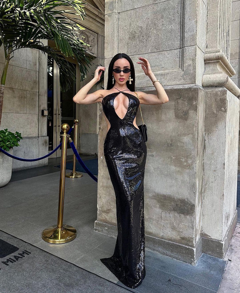 Sephra Front Cutout Backless Maxi Dress In Black