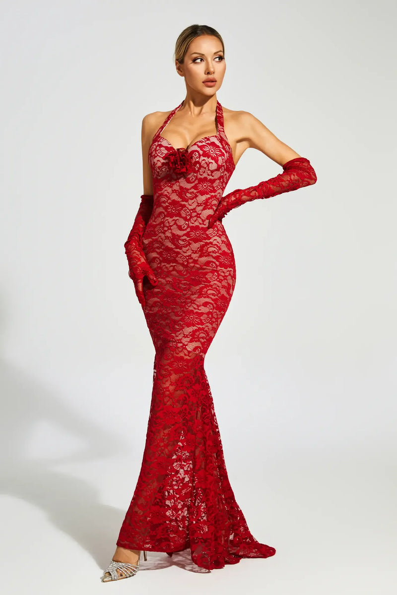 Denali Lace Mesh Maxi Dress In Wine Red