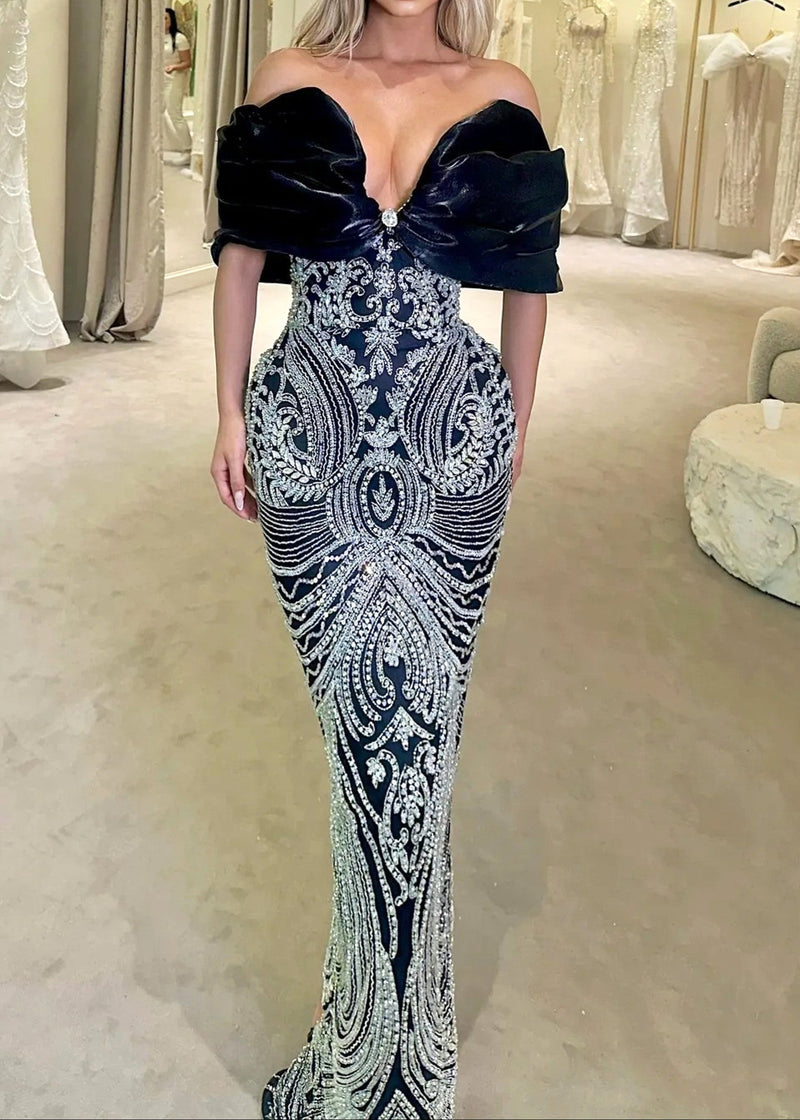 Kivin Draped Bardot Sequin Maxi Dress In Black