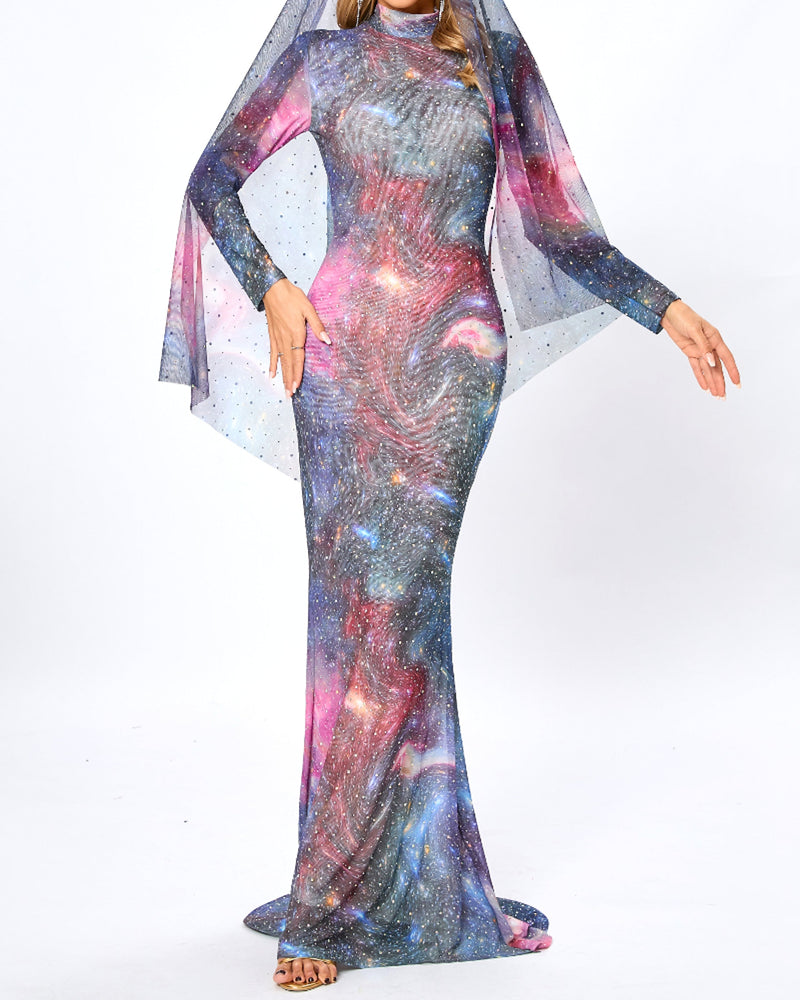 Lyn Long Sleeve Studded Maxi Dress In Galaxy