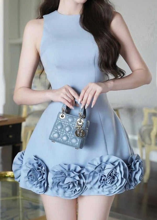 Pyxaris 3D Flower Sleeveless Mini Dress In Blue