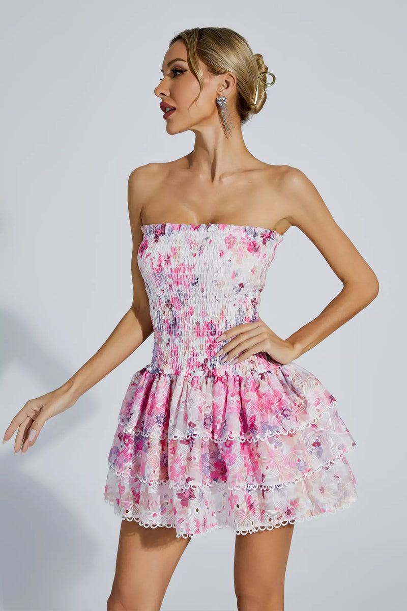 Fritia Floral Ruched Strapless Mini Dress In Pink