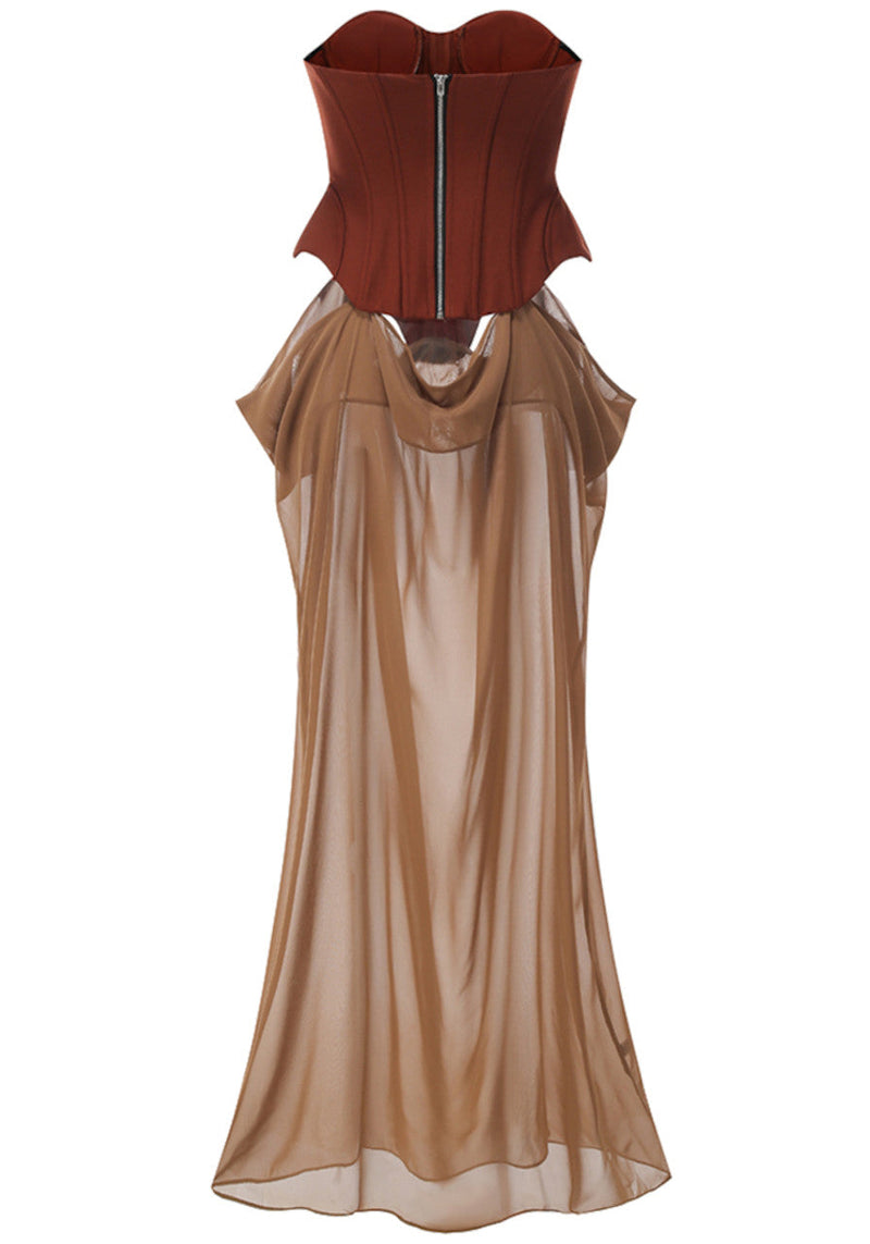 Althorin Strapless Corset Draped Maxi Dress In Brown