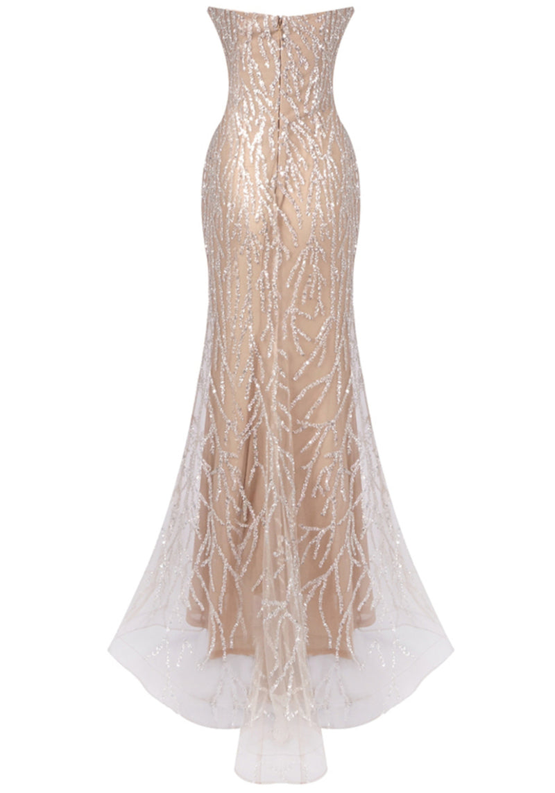 Ellisyn Strapless Crystal Pearl Sequin Maxi Dress In Nude