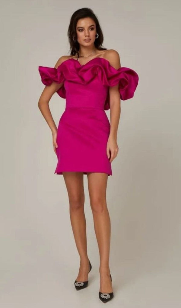 Miney Satin A-Line Neckline Ruffle Mini Dress In Pink