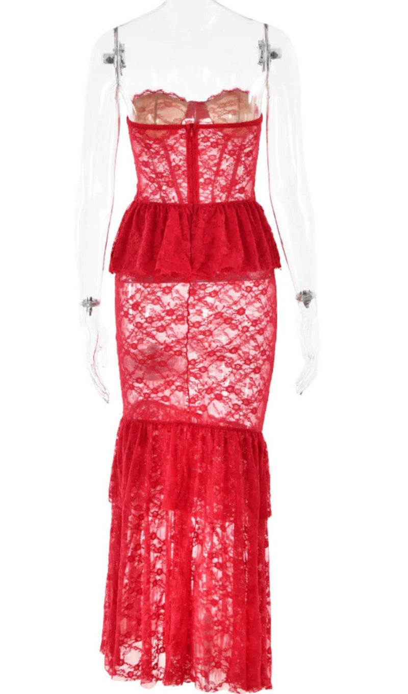 Yuri Strapless Lace Mermaid Dress In Red