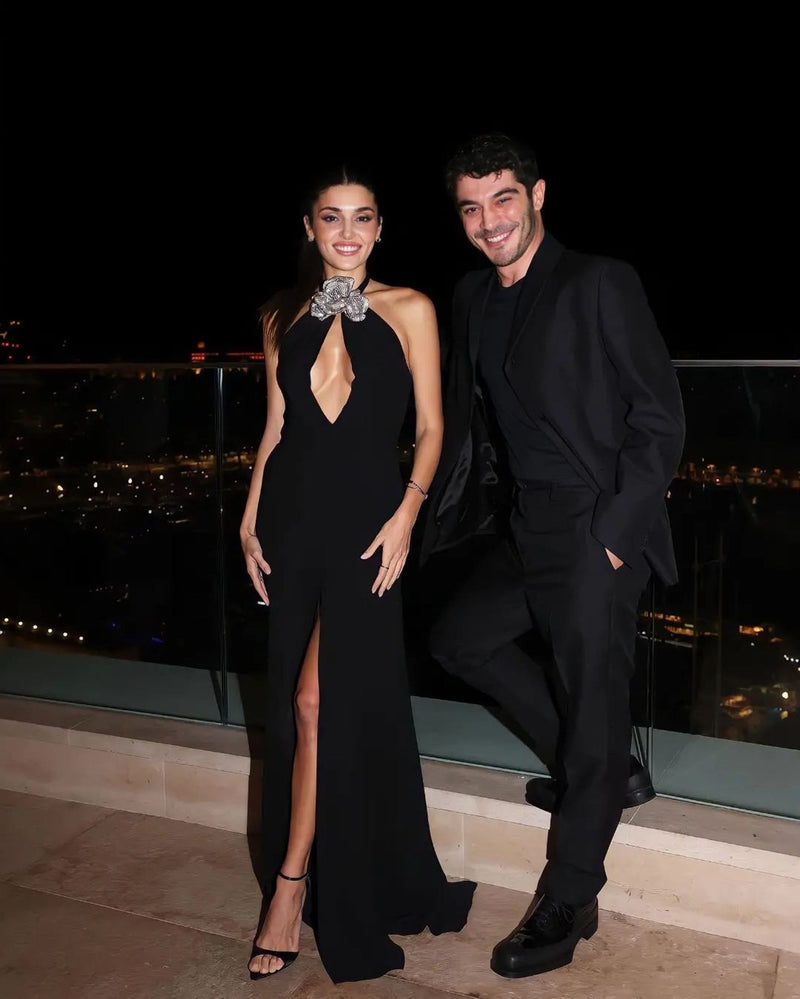 Amanda Halter Flower Detail Maxi Dress In Black