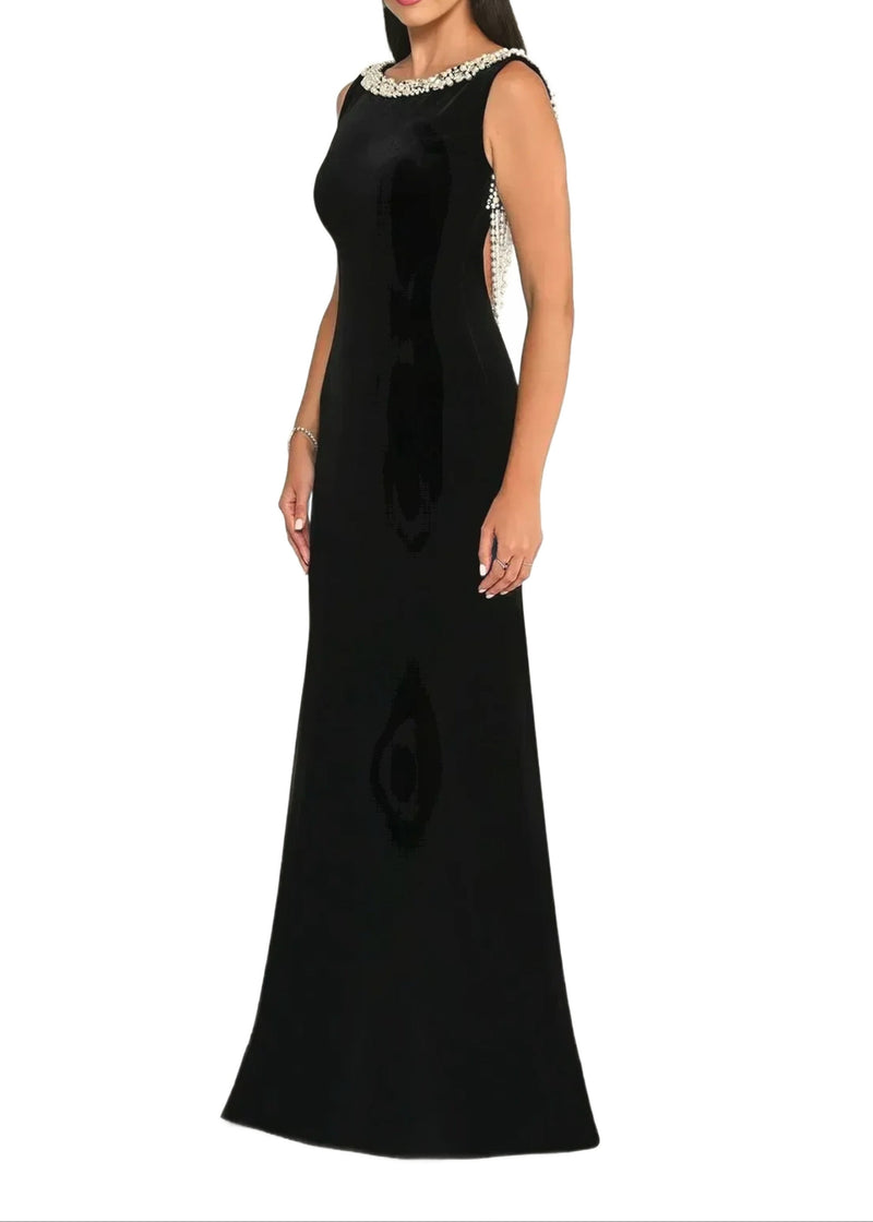 Cryos Backless Pearl Maxi Velvet Dress In Black