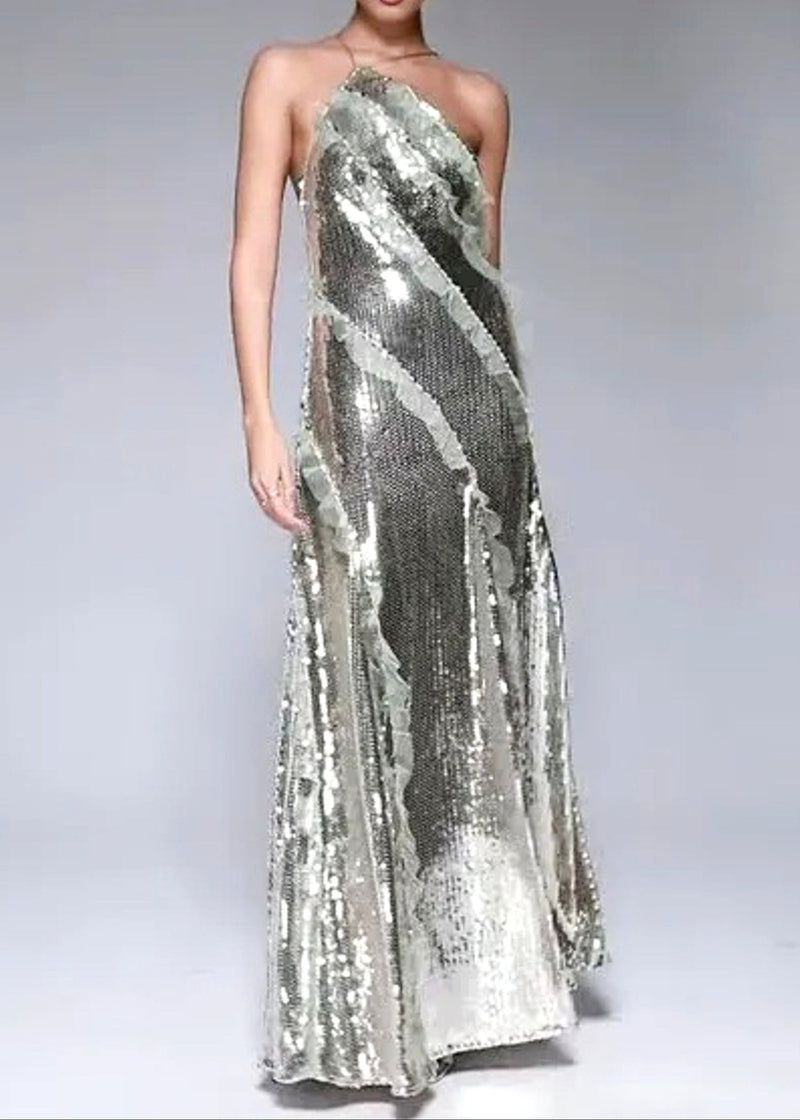 Pandeia Halter Ruffle Detail Sequin Maxi Dress In Silver