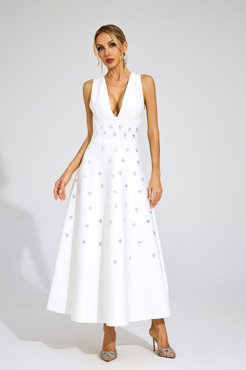 Dakari Crystal Embellished A Line Midi Dress In White