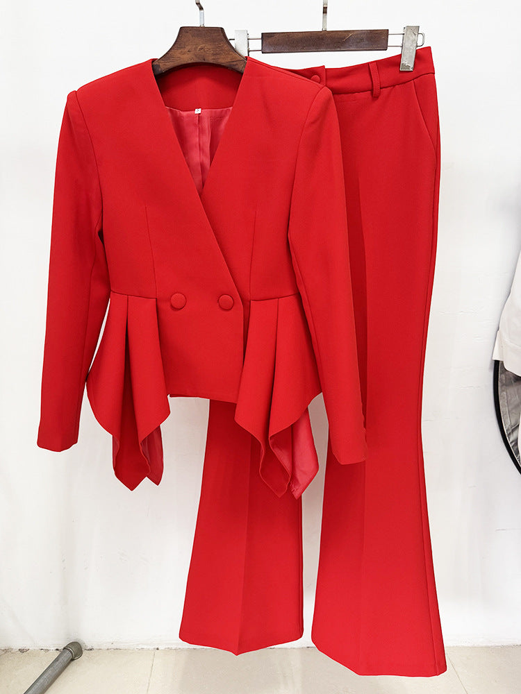 Nero Ruffled Blazer Pants Set In Red