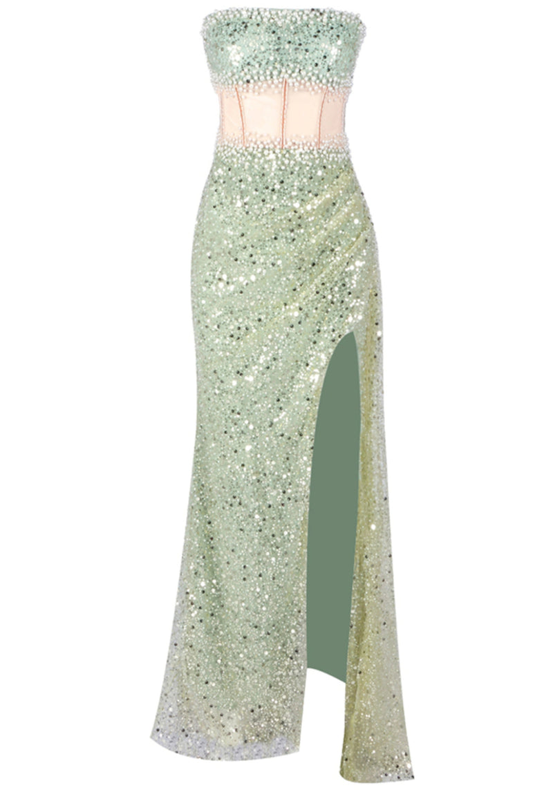 Alinka Strapless Pearl Sequin Maxi Dress In Green
