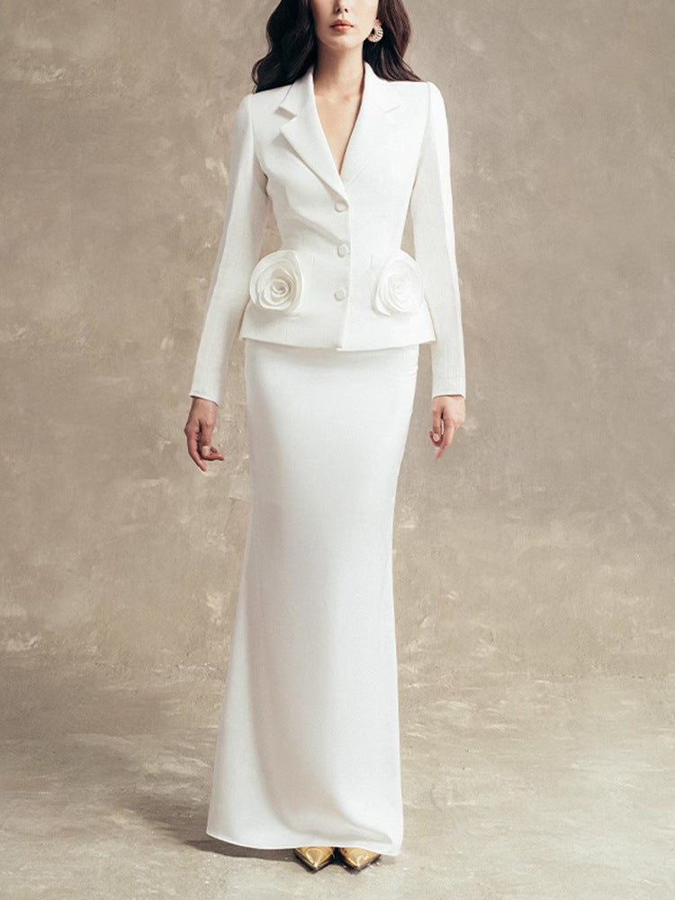 Qwerty Flower Embellished Jacket Skirt Set In White