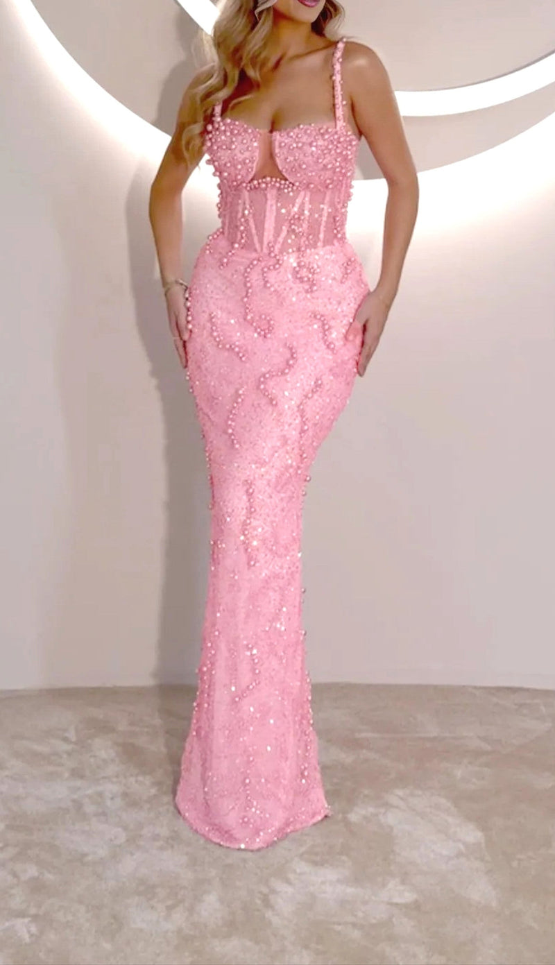 Razra Embellished Bustier Maxi Dress In Pink