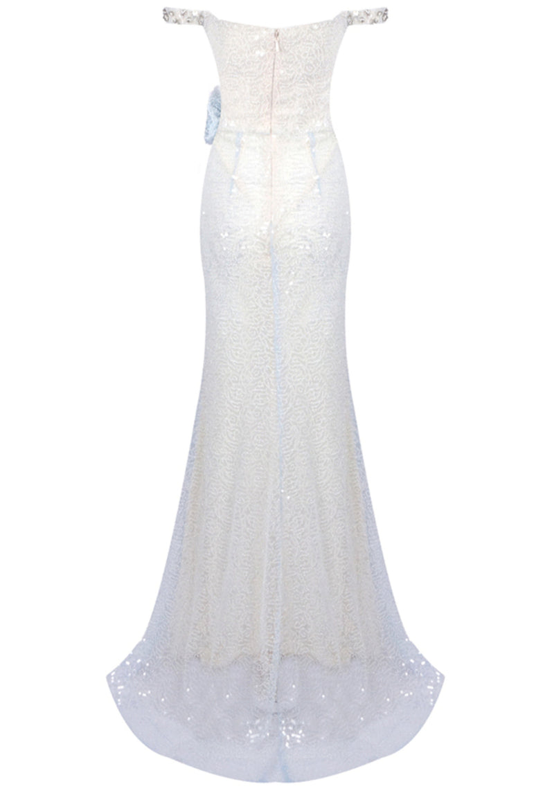 Daxara Crystal Floral Sequin Maxi Dress In Light Blue