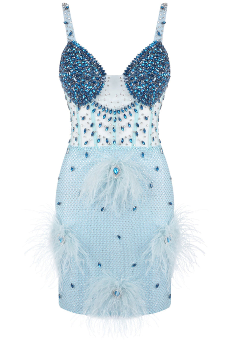 Lachlan Crystal Bustier Feather Detail Mini Dress In Blue
