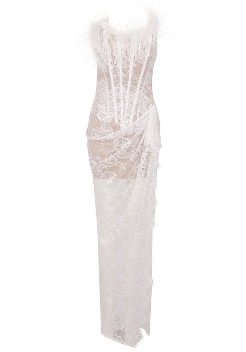 Caysie Strapless Feather Lace Corset Maxi Dress In White