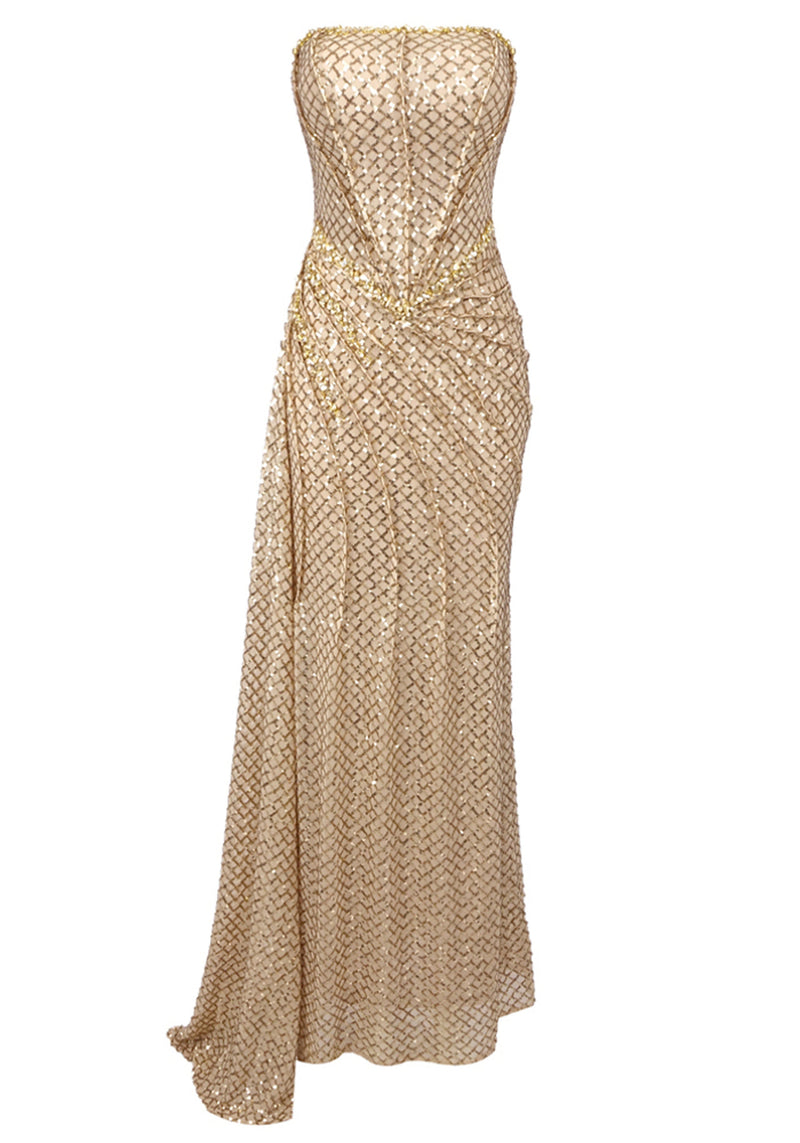 Mistey Strapless Sequin Draped Maxi Dress In Gold