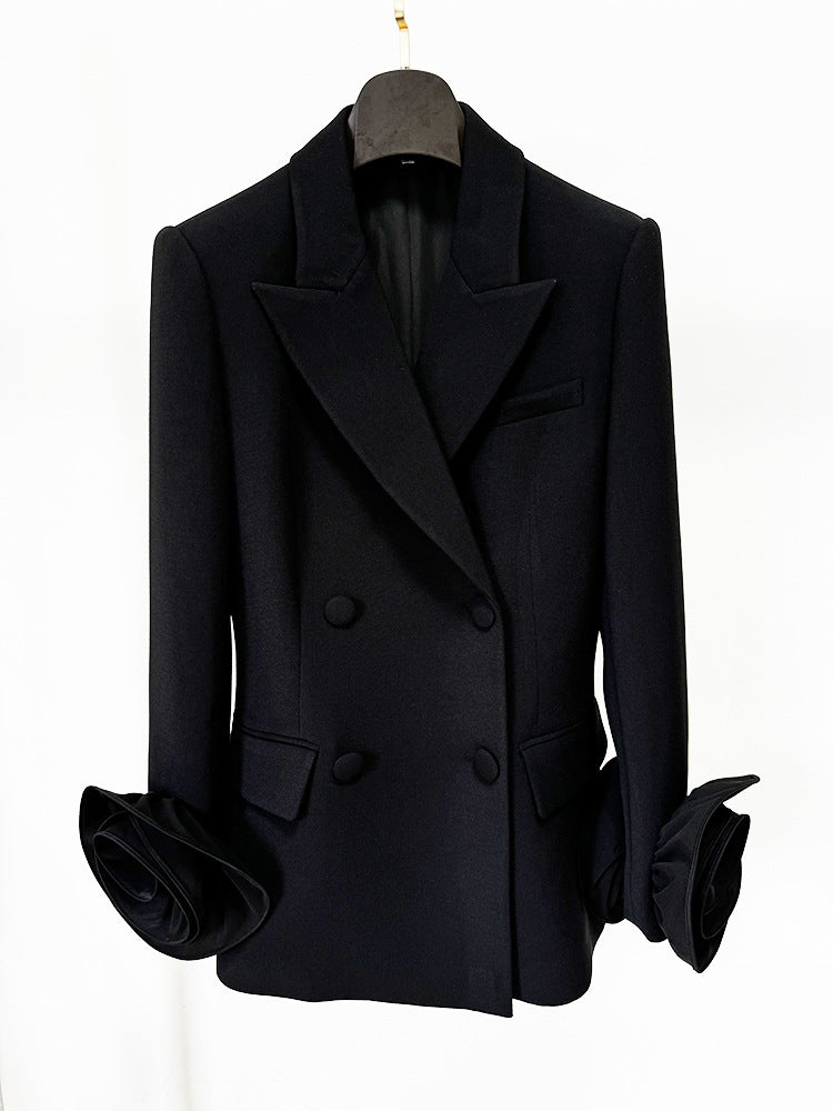 Pomeline Double-Breasted Wool Jacket With Floral Appliqué In Black