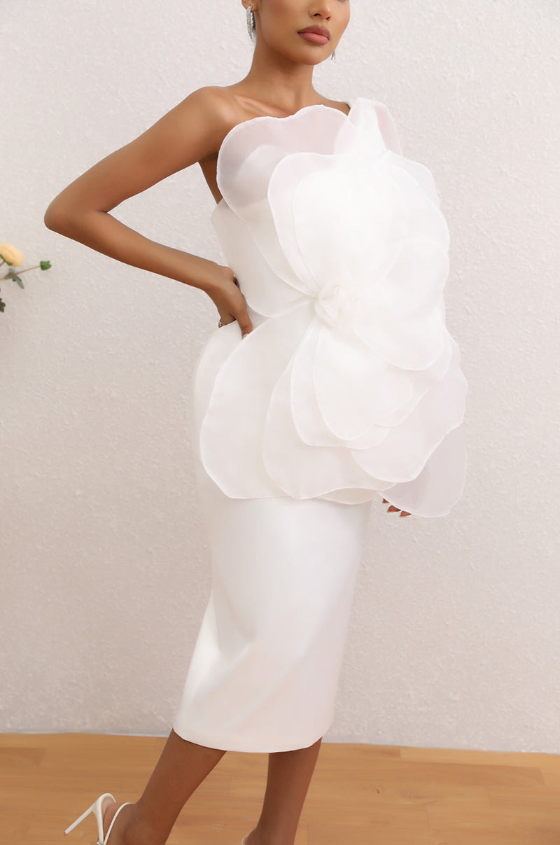 Zayne Mesh Flower One Shoulder Midi Dress In White