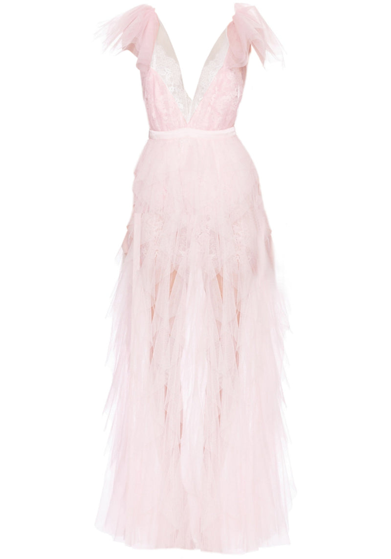 Balthion Lace insert Mesh Ruffle Maxi Dress In Pink