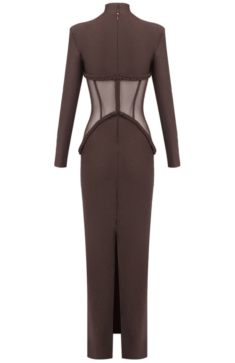 Jaelthis Long Sleeve Structured Mesh Maxi Dress In Brown