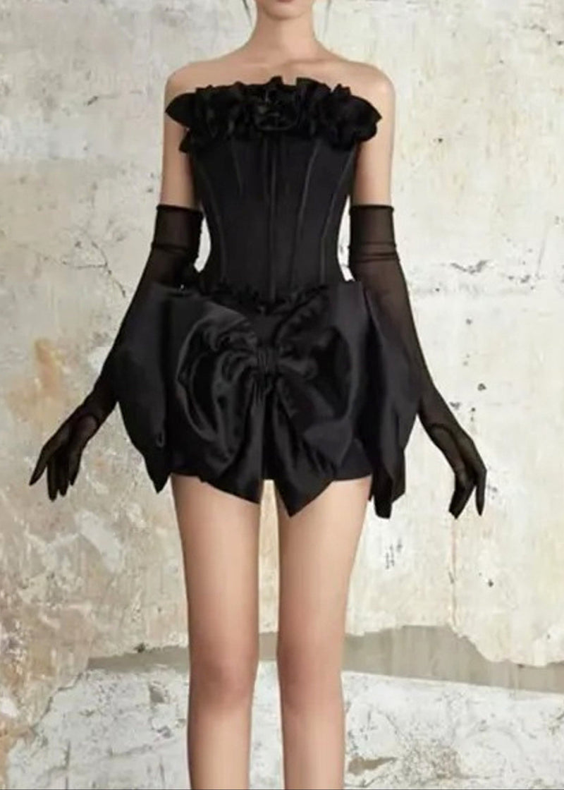 Cyrren Strapless Floral Bow Corset Two Piece Dress In Black