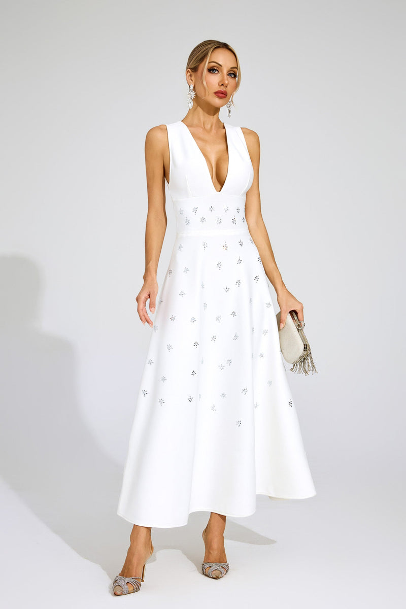 Dakari Crystal Embellished A Line Midi Dress In White